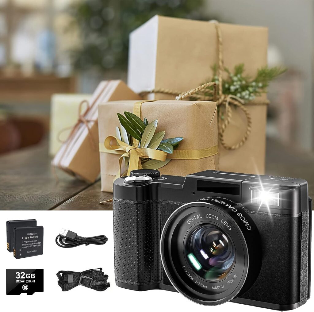 4K Digital Camera for Photography, Autofocus 48MP Vlogging Camera for YouTube with 16X Digital Zoom Macro Camera, 3’’180°Flip Screen Compact Video Camera with Liftable Flash, SD Card2 Batteries