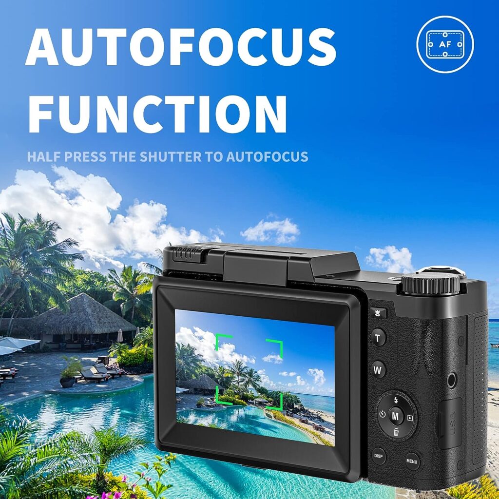 4K Digital Camera for Photography, Autofocus 48MP Vlogging Camera for YouTube with 16X Digital Zoom Macro Camera, 3’’180°Flip Screen Compact Video Camera with Liftable Flash, SD Card2 Batteries