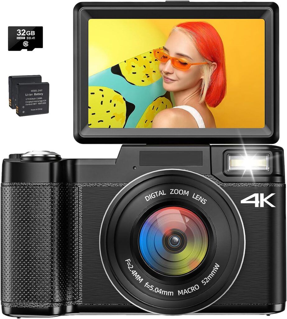 4K Digital Camera for Photography, Autofocus 48MP Vlogging Camera for YouTube with 16X Digital Zoom Macro Camera, 3’’180°Flip Screen Compact Video Camera with Liftable Flash, SD Card2 Batteries