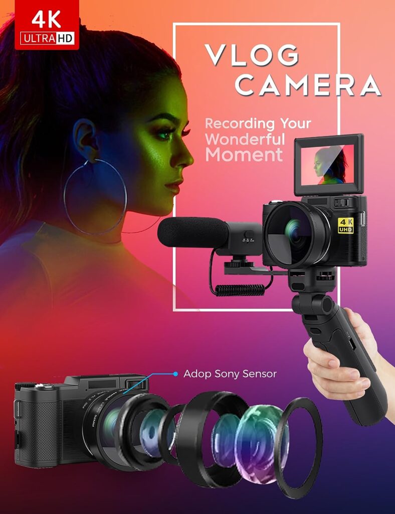 Digital Camera with Creator Accessory Kit 48MP 4K Video Camera for Vloggers Remote Control Autofocus Flip Screen Camcorder Photography Cameras with Tripod Grip, Wide-angle  Macro lens, Mic, Batteries