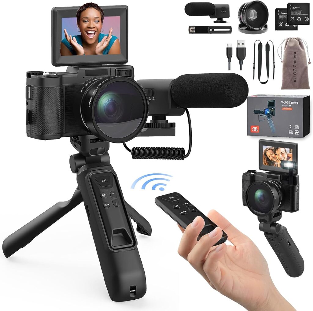 Digital Camera with Creator Accessory Kit 48MP 4K Video Camera for Vloggers Remote Control Autofocus Flip Screen Camcorder Photography Cameras with Tripod Grip, Wide-angle  Macro lens, Mic, Batteries