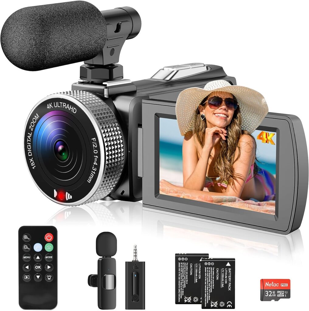 4K Camcorder, 48MP 60FPS Vlogging Camera with Wireless Microphone for YouTube, Ultra HD 3 Inch Flip Screen 16X Digital Zoom Video Recorder Camera with 32GB SD Card,Remote Control and 2 Batteries