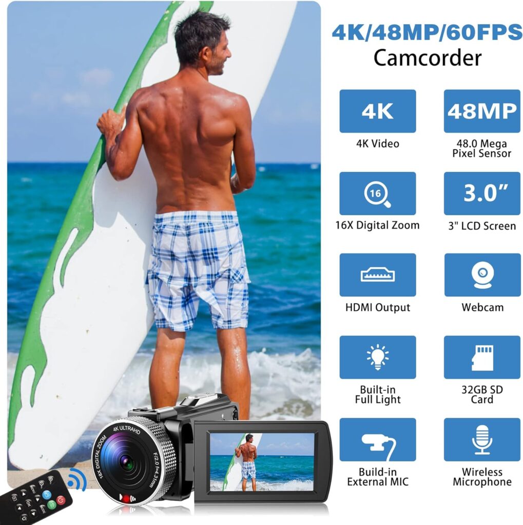 4K Camcorder, 48MP 60FPS Vlogging Camera with Wireless Microphone for YouTube, Ultra HD 3 Inch Flip Screen 16X Digital Zoom Video Recorder Camera with 32GB SD Card,Remote Control and 2 Batteries