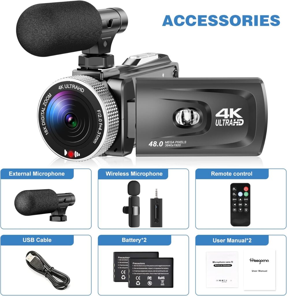 4K Camcorder, 48MP 60FPS Vlogging Camera with Wireless Microphone for YouTube, Ultra HD 3 Inch Flip Screen 16X Digital Zoom Video Recorder Camera with 32GB SD Card,Remote Control and 2 Batteries