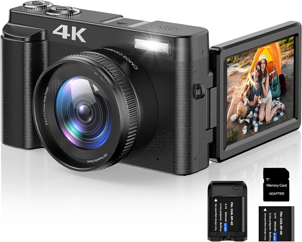 4K Digital Camera for Photography Autofocus 16X Digital Zoom, 48MP Vlogging Camera with 32GB SD Card, 3 180° Flip Screen Compact Camera,2 Batteries