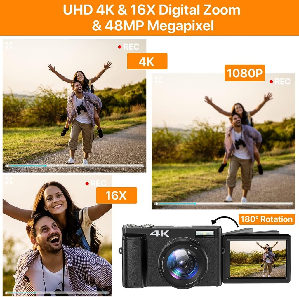 4K Digital Camera for Photography Autofocus 16X Digital Zoom, 48MP Vlogging Camera with 32GB SD Card, 3 180° Flip Screen Compact Camera,2 Batteries