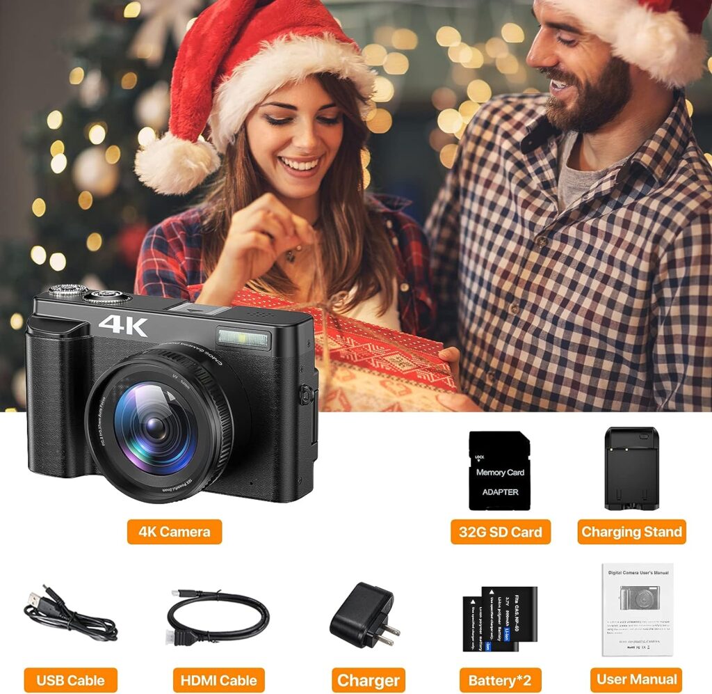 4K Digital Camera for Photography Autofocus 16X Digital Zoom, 48MP Vlogging Camera with 32GB SD Card, 3 180° Flip Screen Compact Camera,2 Batteries