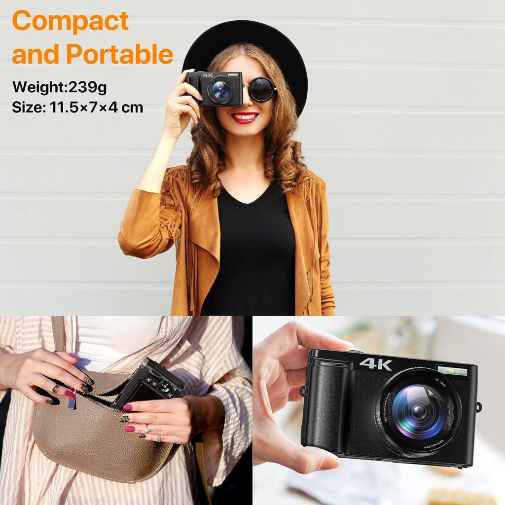 4K Digital Camera for Photography Autofocus 16X Digital Zoom, 48MP Vlogging Camera with 32GB SD Card, 3 180° Flip Screen Compact Camera,2 Batteries