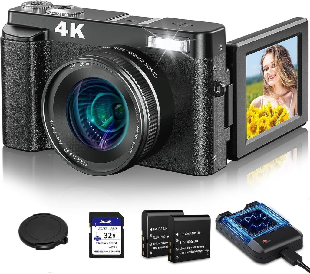 4K Digital Camera for Photography Autofocus, 48MP Vlogging Camera with SD Card Anti-Shake, 3 180° Flip Screen Compact Video Camera for Travel, 16X Zoom Digital Camera for Teens with Flash