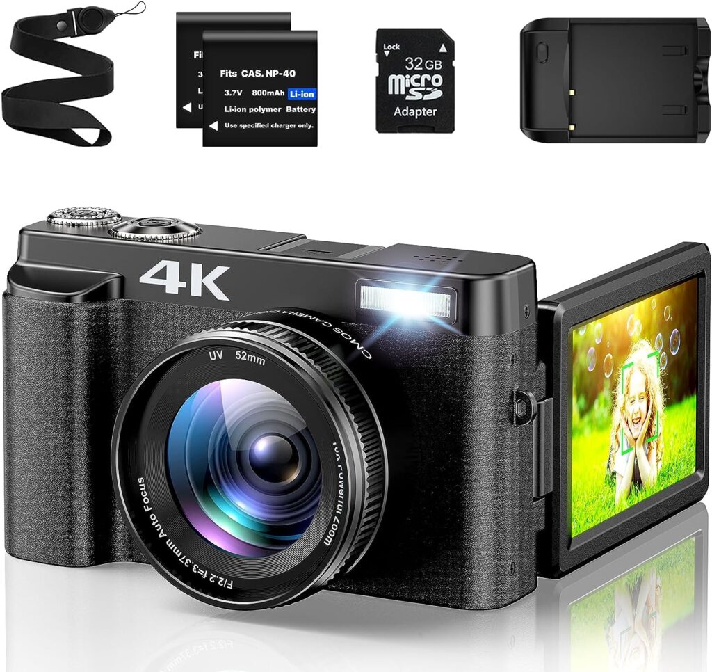 4K Digital Camera for Photography with 3 180°Flip Screen, Autofocus 48MP Vlogging Cameras for YouTube Compact Camera with 16X Digital Zoom 32GB SD Card, 2 Batteries and Charging Stand for Travel