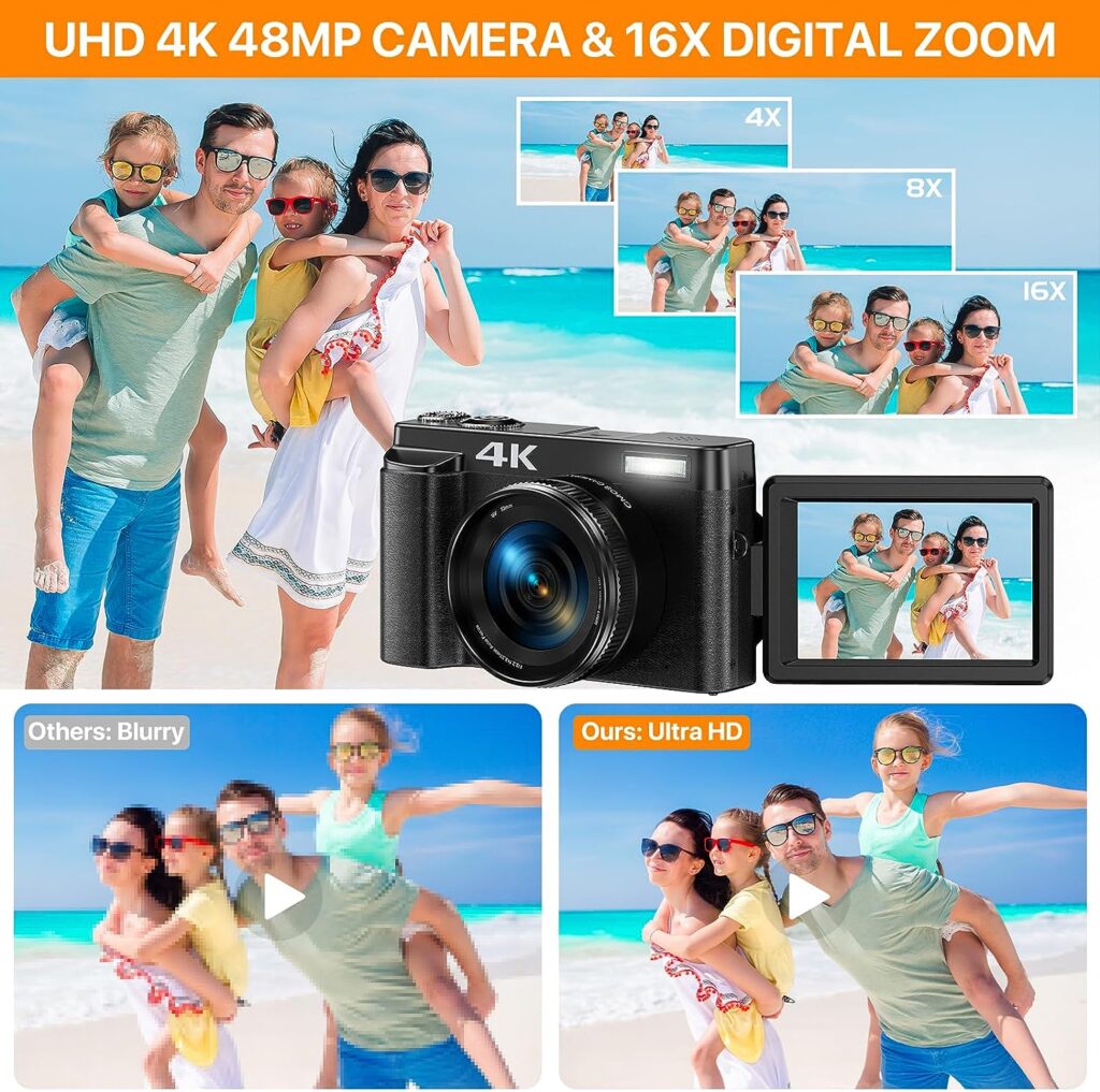 4K Digital Camera for Photography with 3 180°Flip Screen, Autofocus 48MP Vlogging Cameras for YouTube Compact Camera with 16X Digital Zoom 32GB SD Card, 2 Batteries and Charging Stand for Travel