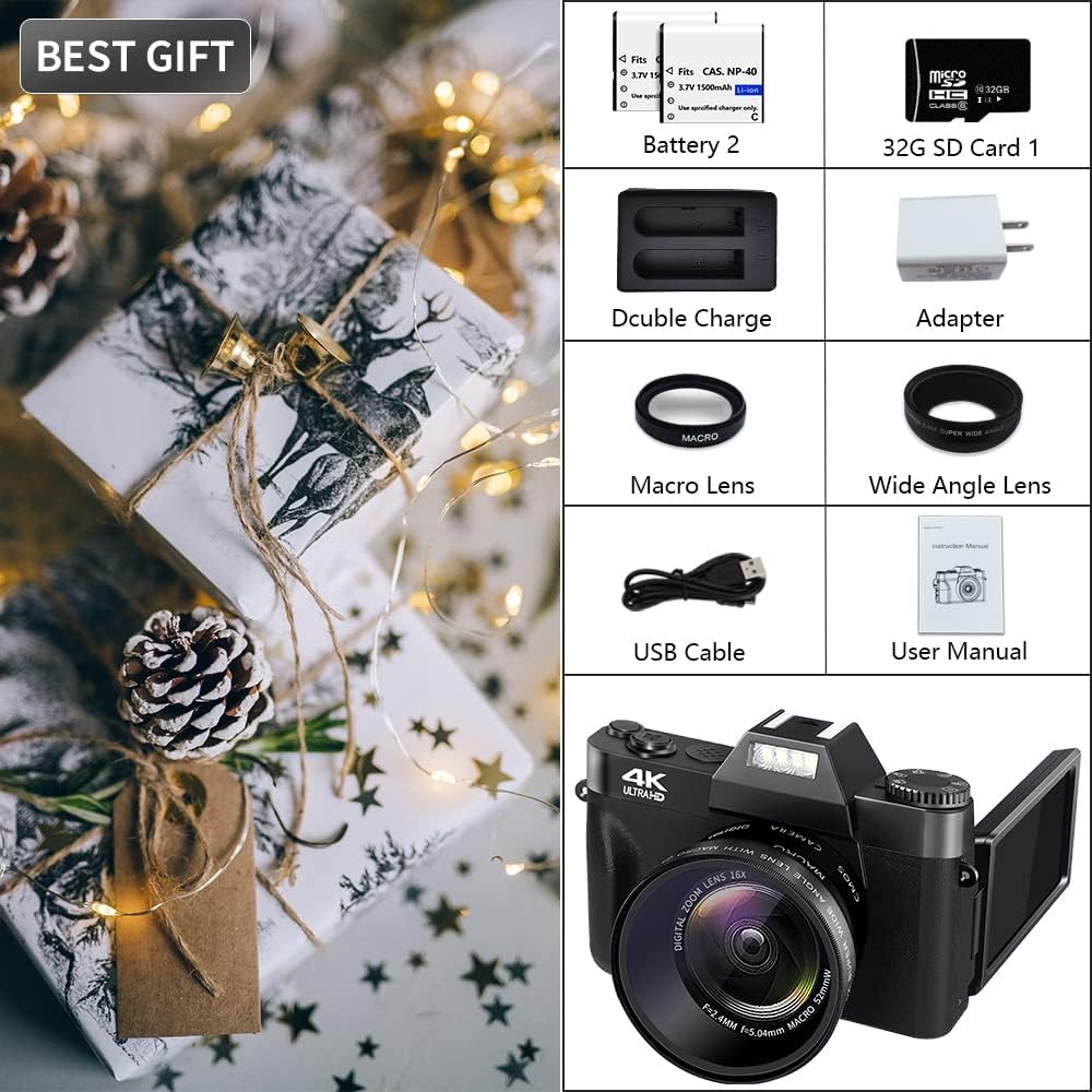 Digital Cameras for Photography, 4K 48MP Vlogging Camera 16X Digital Zoom Manual Focus Rechargeable Students Compact Camera with 52mm Wide-Angle  Macro Lens, 32G TF Card and 2 Batteries