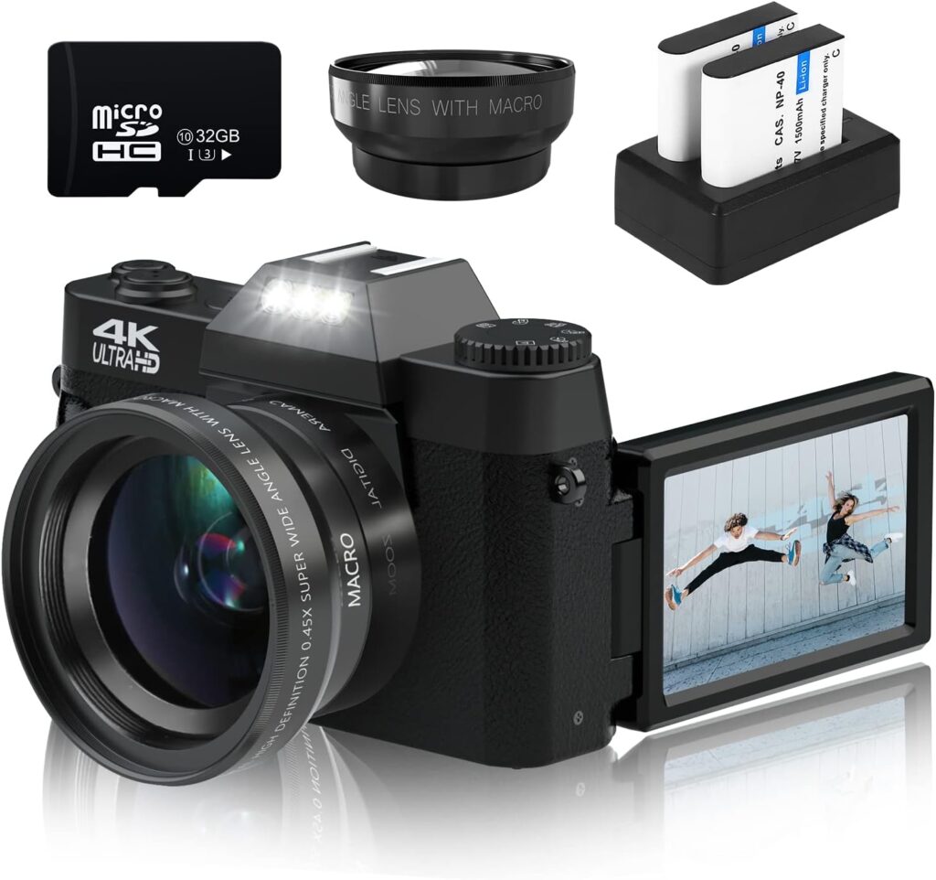 Digital Cameras for Photography, 4K 48MP Vlogging Camera 16X Digital Zoom Manual Focus Rechargeable Students Compact Camera with 52mm Wide-Angle  Macro Lens, 32G TF Card and 2 Batteries