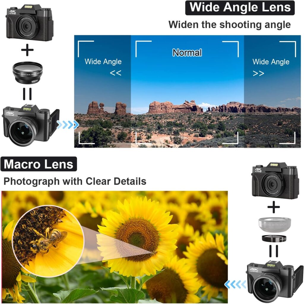 Digital Cameras for Photography, 4K 48MP Vlogging Camera 16X Digital Zoom Manual Focus Rechargeable Students Compact Camera with 52mm Wide-Angle  Macro Lens, 32G TF Card and 2 Batteries