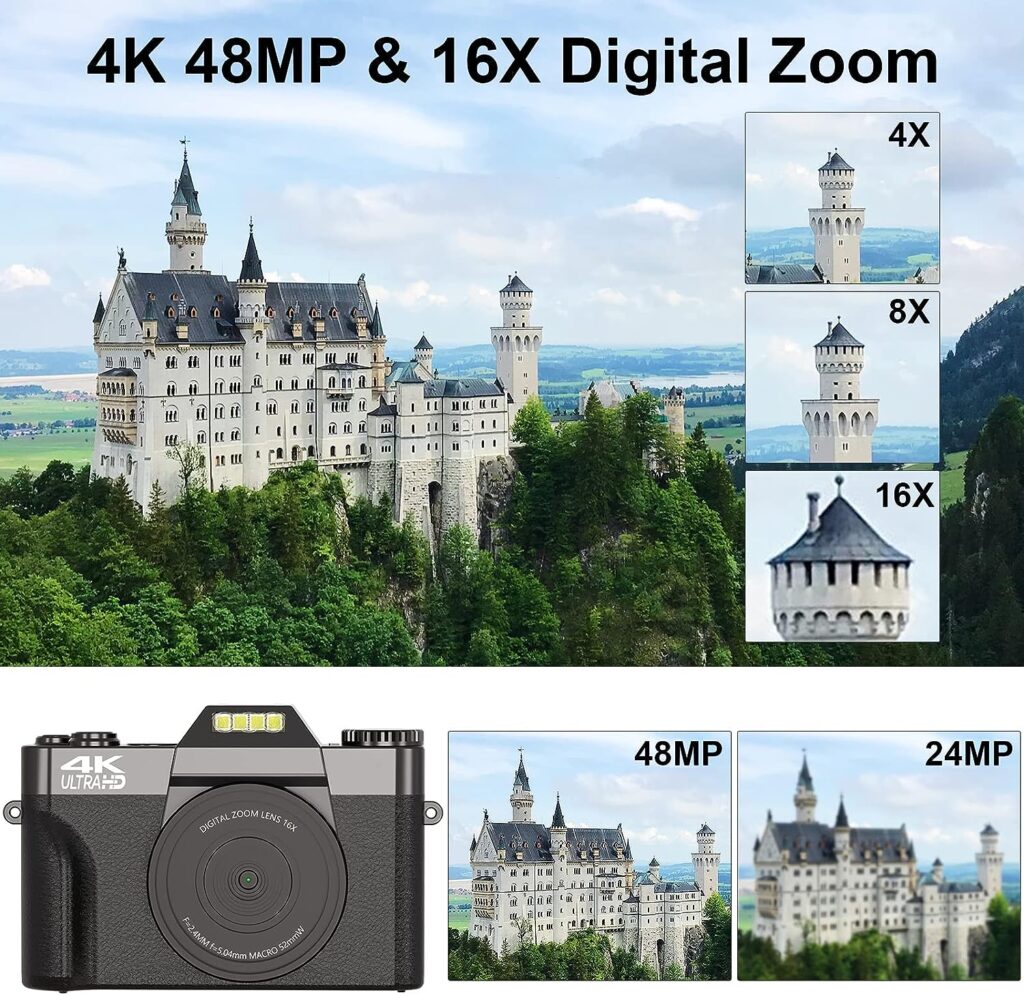 Digital Cameras for Photography, 4K 48MP Vlogging Camera 16X Digital Zoom Manual Focus Rechargeable Students Compact Camera with 52mm Wide-Angle  Macro Lens, 32G TF Card and 2 Batteries