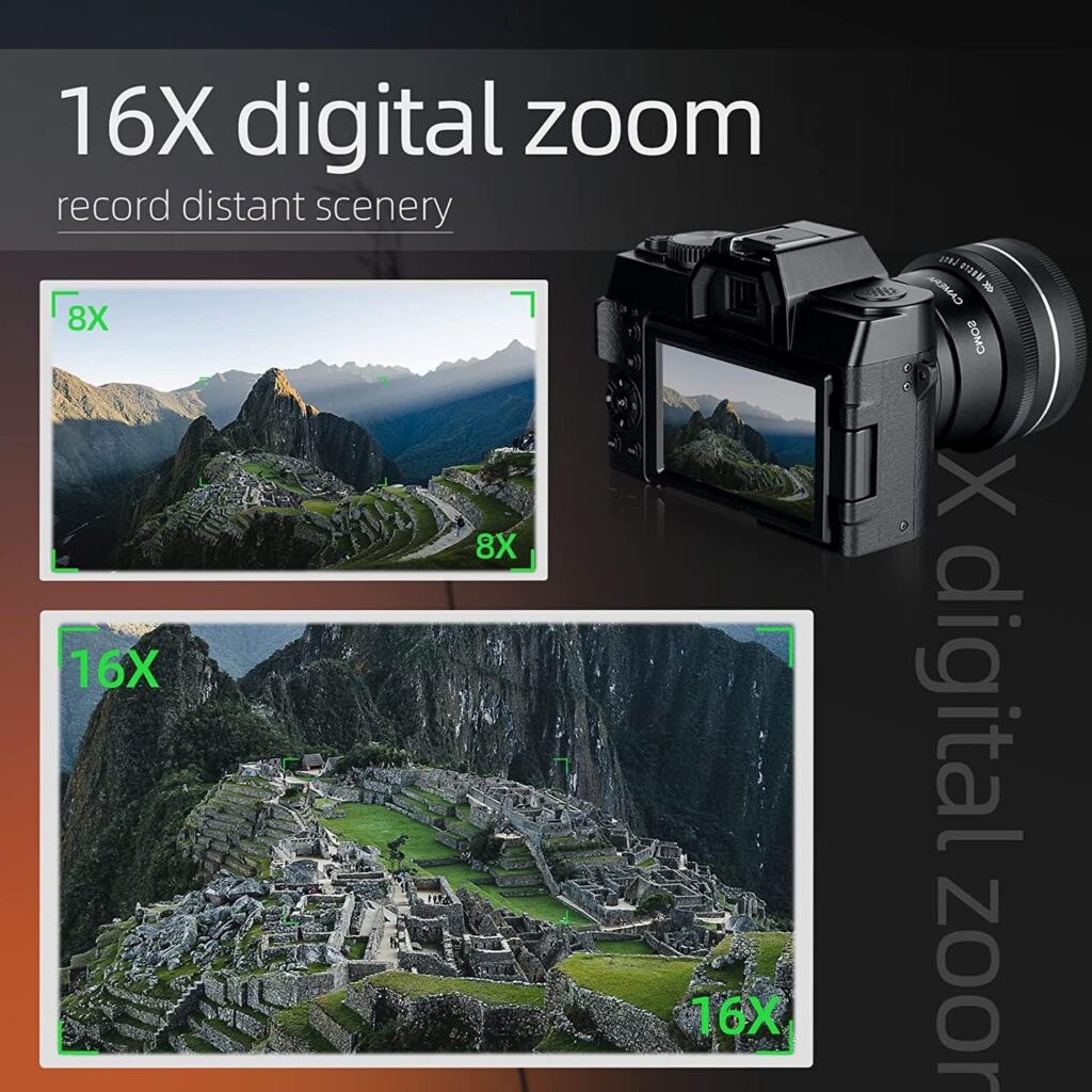 Monitech 4K Digital Camera for Photography, 48MP Vlogging Camera for YouTube and Video,with 180° Flip Screen,16X Digital Zoom,52mm Wide Angle  Macro Lens, 2 Batteries, 32GB TF Card