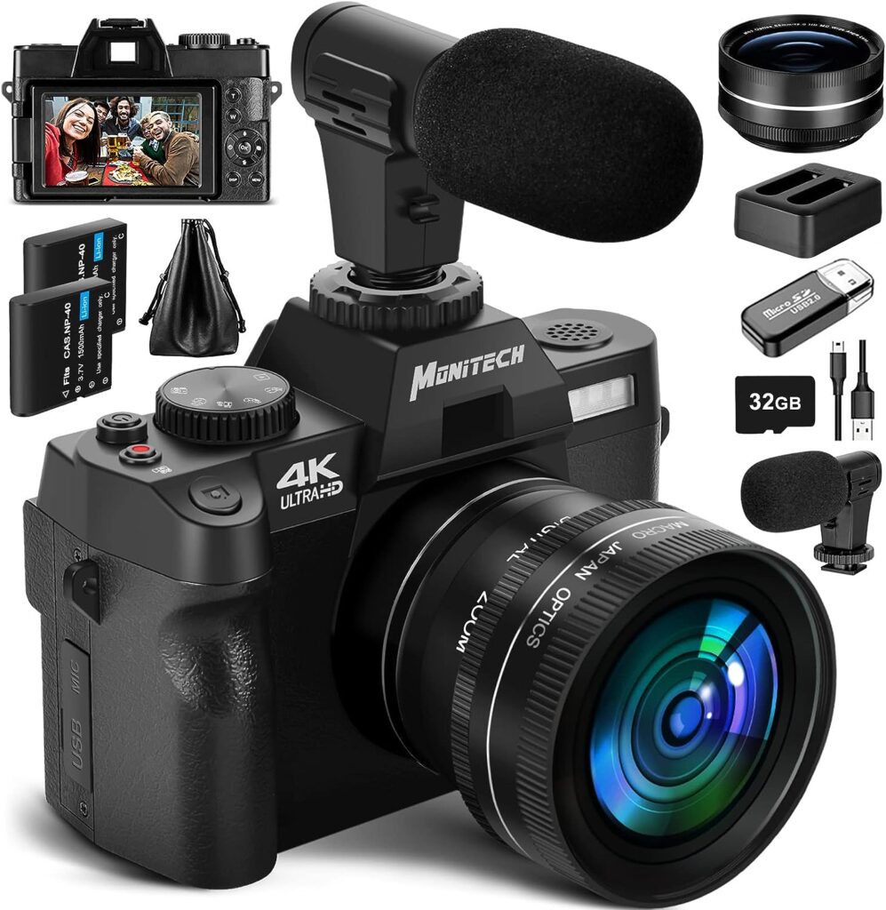 Monitech 4K Digital Camera for Photography, 48MP Vlogging Camera for YouTube and Video,with 180° Flip Screen,16X Digital Zoom,52mm Wide Angle  Macro Lens, 2 Batteries, 32GB TF Card