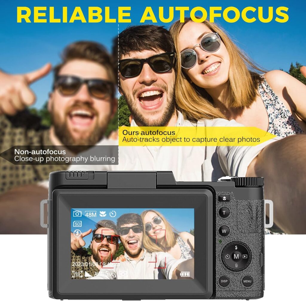 novzzovaz Digital Camera 4K 48MP Autofocus Full HD Vlogging Camera for YouTube Flip Screen Compact Camera for Beginners Vloggers Photography with Rechargeable Batteries Accessories Kit,Black