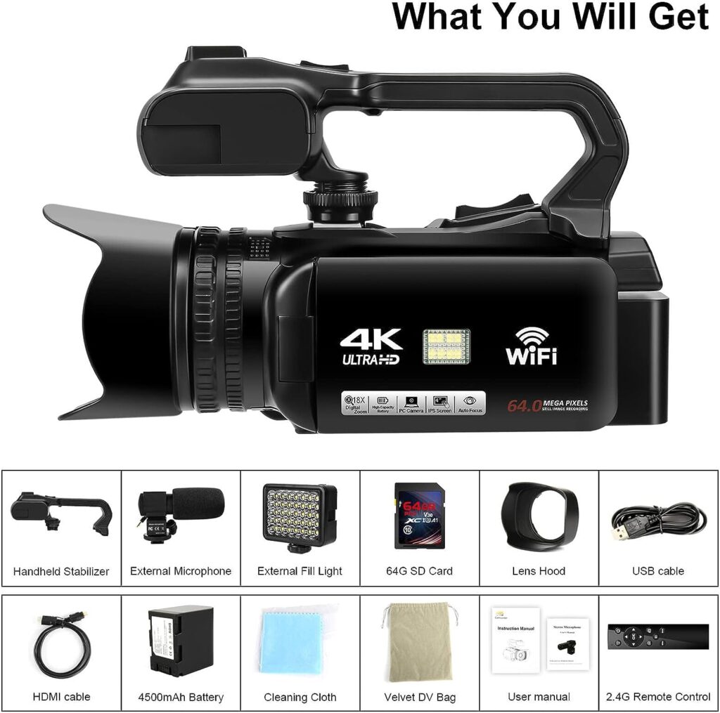 Video Camera Camcorder 4K, Video Camera Auto Focus Vlogging Camera for YouTube 64MP 60FPS WiFi Webcam 4 Touch Screen 18X Digital Zoom with Lens Hood, Stabilizer, Microphone, 64G SD Card, Fill Light