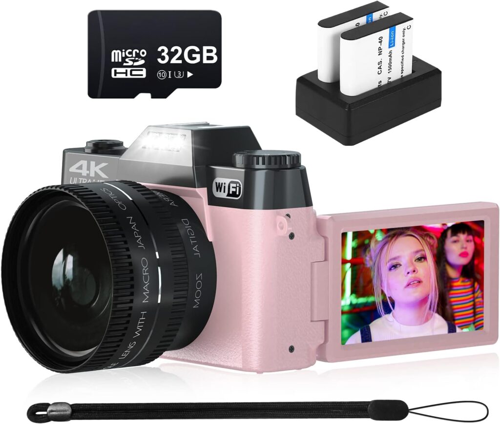 VJIANGER 4K Digital Camera 48MP Vlogging Camera for YouTube with 3.0’’ 180° Flip Screen, WiFi, 16X Digital Zoom, 52MM Wide Angle  Macro Lens, 2 Rechargeable Batteries, 32GB Micro SD Card(Pink31)