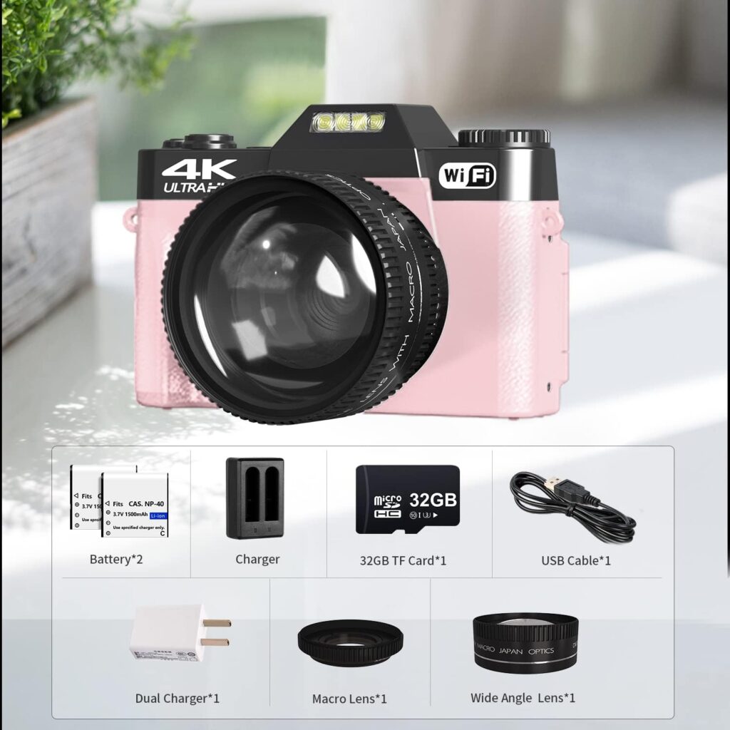 VJIANGER 4K Digital Camera 48MP Vlogging Camera for YouTube with 3.0’’ 180° Flip Screen, WiFi, 16X Digital Zoom, 52MM Wide Angle  Macro Lens, 2 Rechargeable Batteries, 32GB Micro SD Card(Pink31)