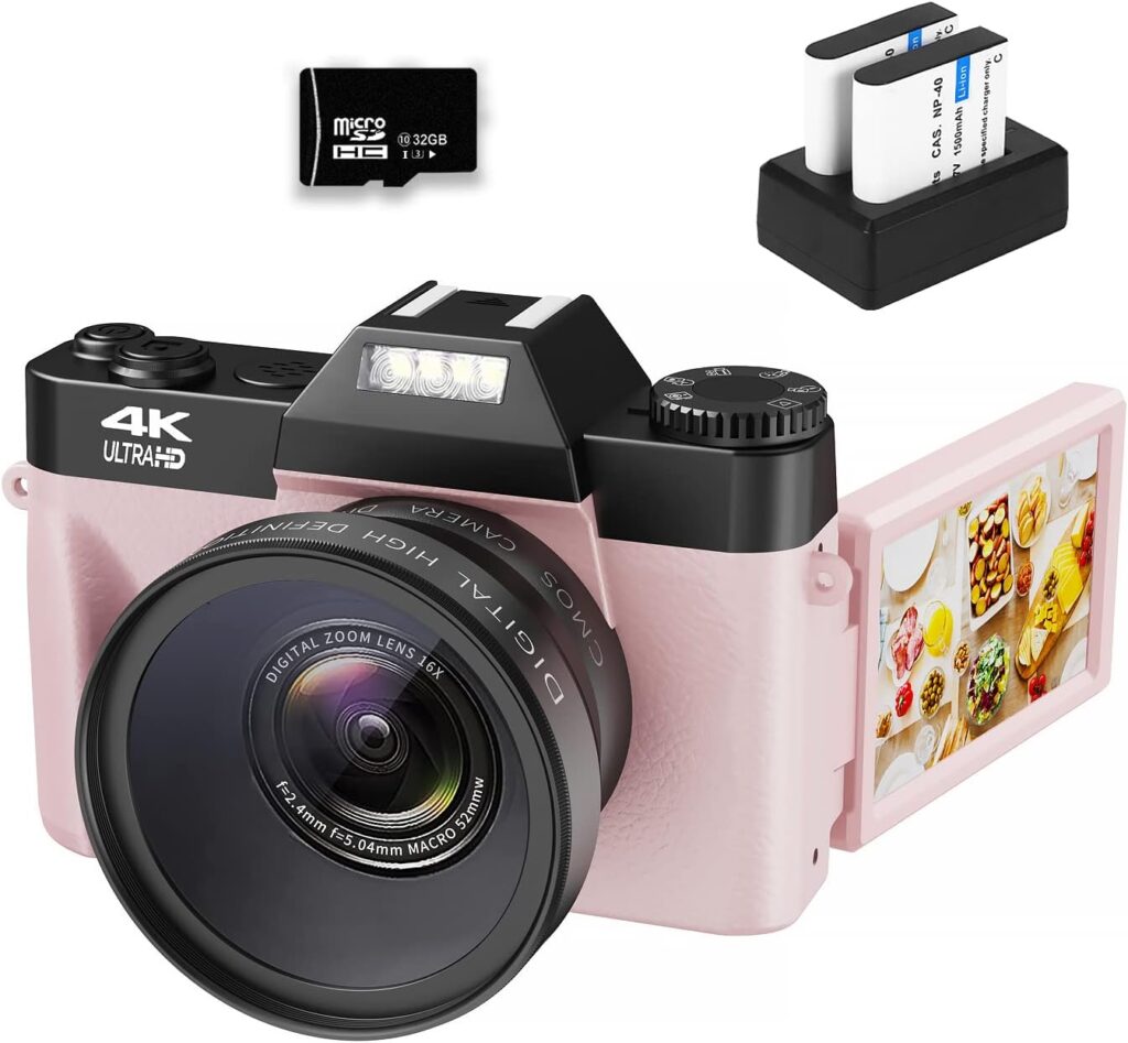 VJIANGER 4K Vlogging Camera for YouTube 48MP Digital Camera for Photography and Video with Flip Screen, Manualfocus, 16X Digital Zoom, 52mm Wide Angle  MacroLens, 32GB TF Card, 2 Batteries(Pink)