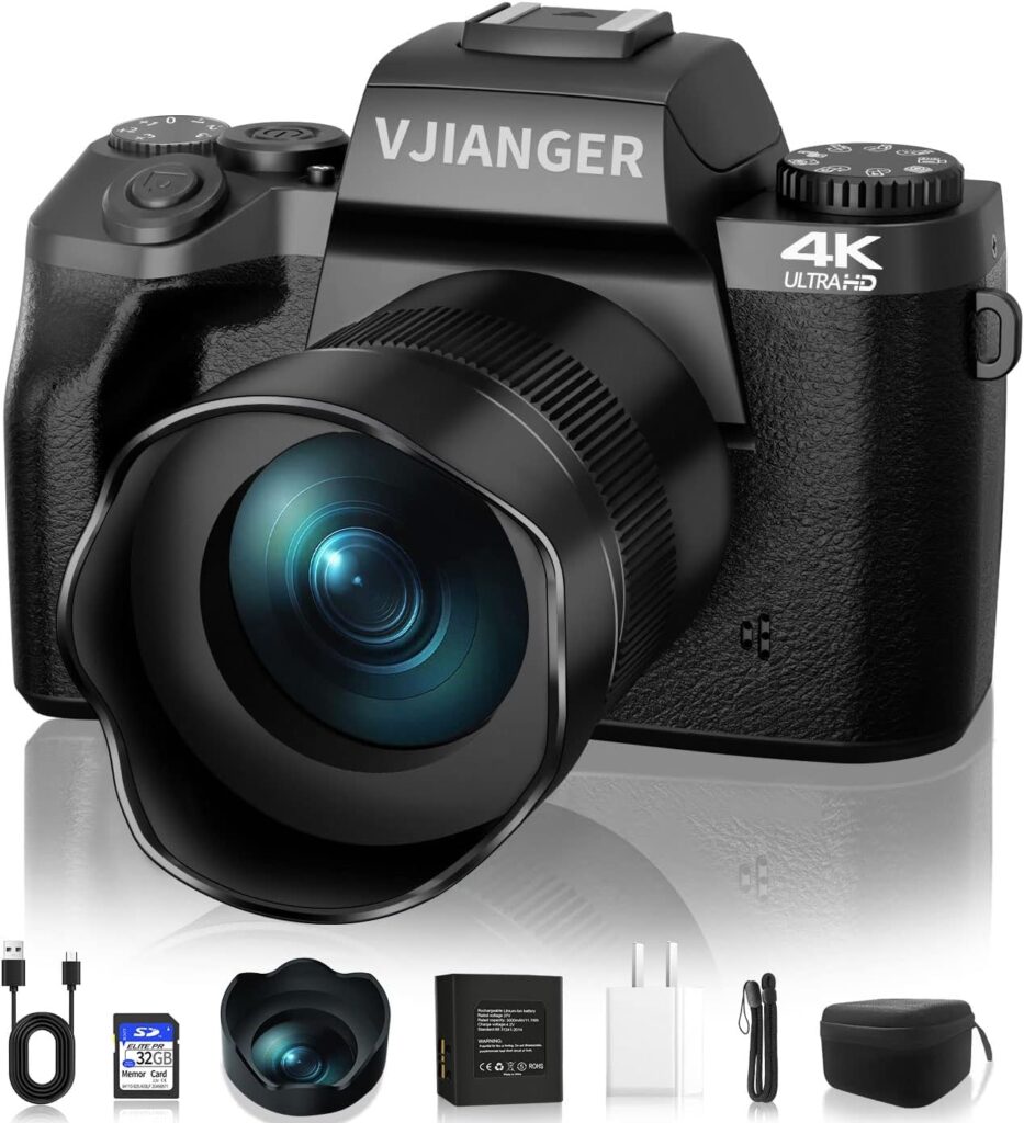 VJIANGER Digital Camera for Photography 4K Vlogging Camera for YouTube 64MP Mirrorless Camera with WiFi, Dual Camera, 52mm Fixed Lens, 4.0 Touch Screen, 32GB SD Card  Camera Bag(W05-Black3)