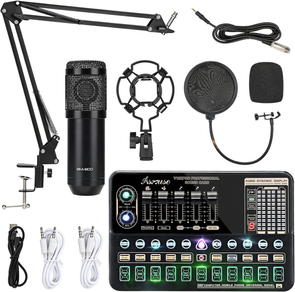 Asmuse Condenser Microphone Bundle BM-800 Streaming Equipment Mic Kit with Live Sound Card, Adjustable Mic Stand and Metal Shock Mount Podcast Microphone Kit for Recording/Broadcasting/Streaming