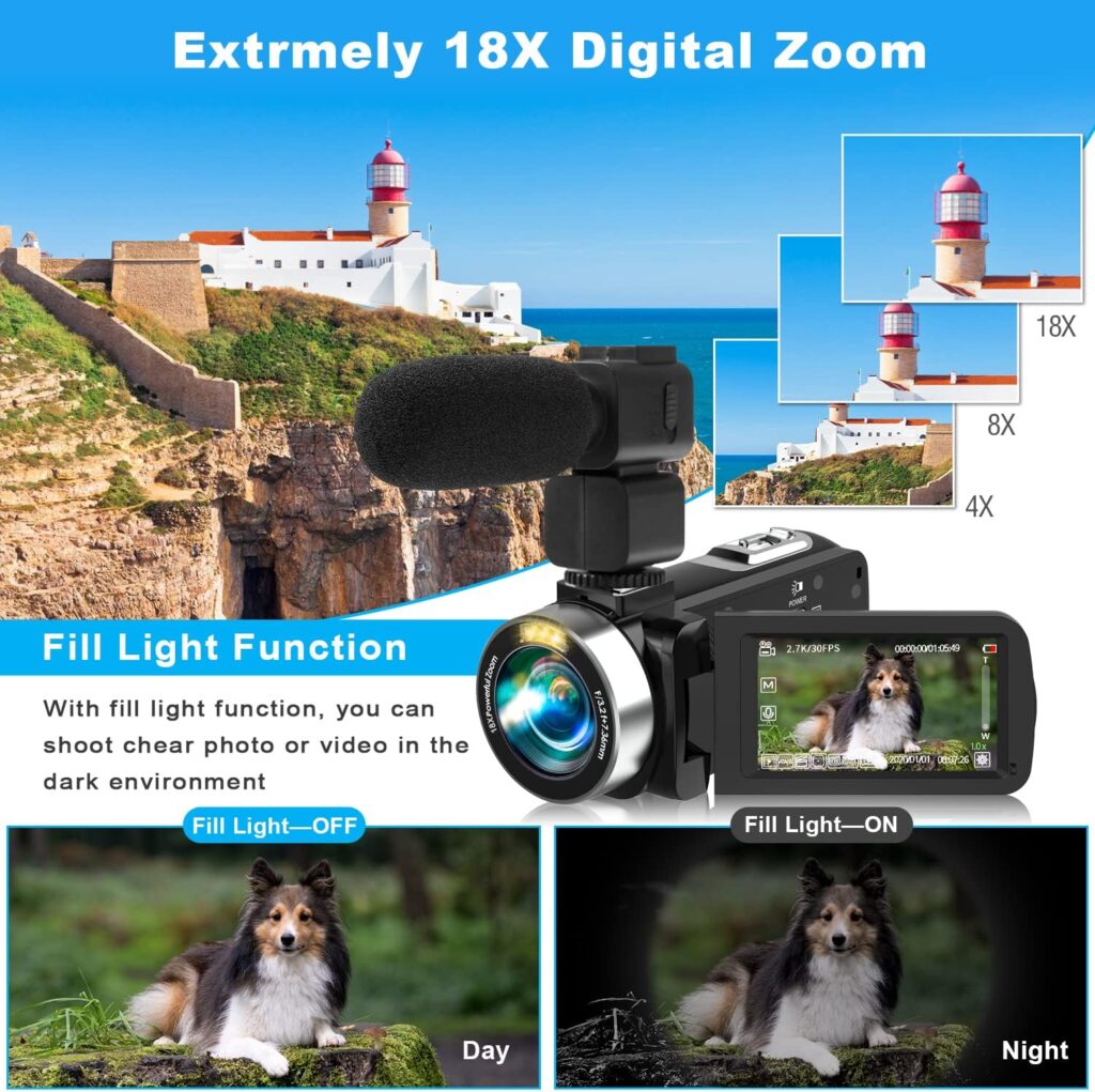 Heegomn Video Camera Camcorder with Microphone HD 2.7K Video Recorder Camera Vlogging Camera for YouTube Kids Camcorder with 3.0 LCD Screen,18X Digital Zoom,Remote,2 Batteries and 32G SD Card