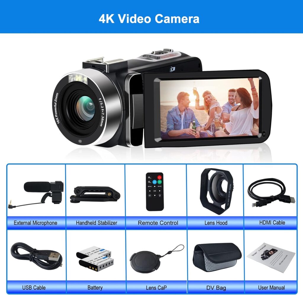 lovpo 4K Video Camera, Camcorder 48MP Ultra HD WiFi Vlogging Camera for YouTube 18X Zoom 3.0 Touch Screen Digital Camera with Microphone, Stabilizer, Lens Hood, Remote, 2 Batteries