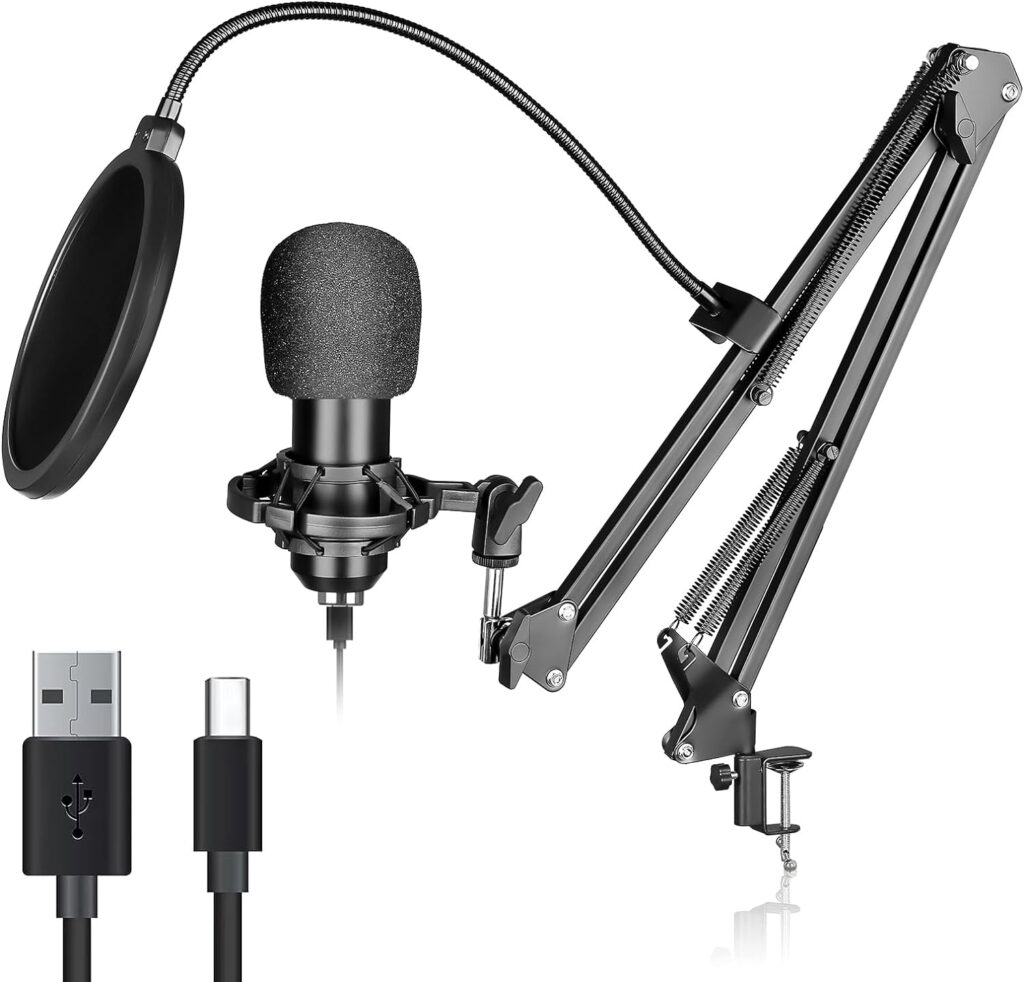 USB Condenser Microphone, Plug  Play Professional Cardioid Studio Mic Kit Shock Mount,Pop Filter and Adjustable Boom Arm for Recording Gaming Streaming YouTube Podcast Skype Voice Over Broadcasting