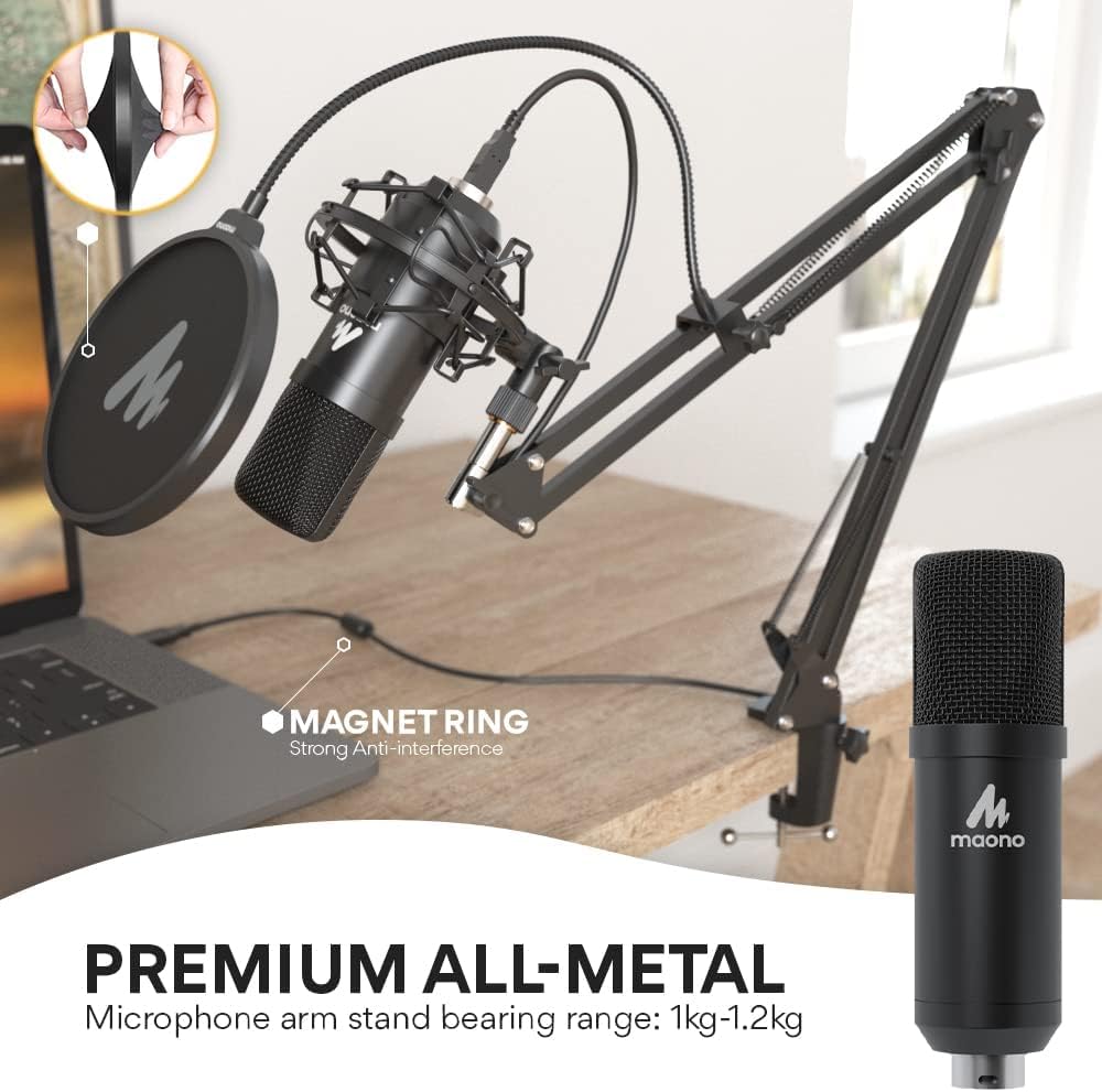 USB Microphone, MAONO 192KHZ/24Bit Plug  Play PC Computer Podcast Condenser Cardioid Metal Mic Kit with Professional Sound Chipset for Recording, Gaming, Singing, YouTube (AU-A04)