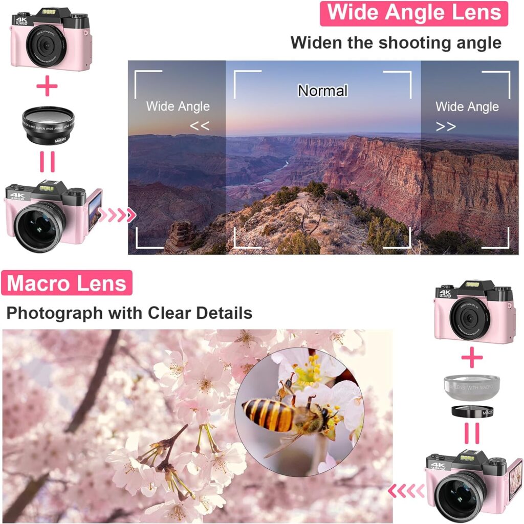 VETEK Digital Cameras for Photography, 4K 48MP Vlogging Camera 16X Digital Zoom Manual Focus Students Compact Camera with 52mm Wide-Angle Lens  Macro Lens, 32G Micro Card and 2 Batteries (Pink)