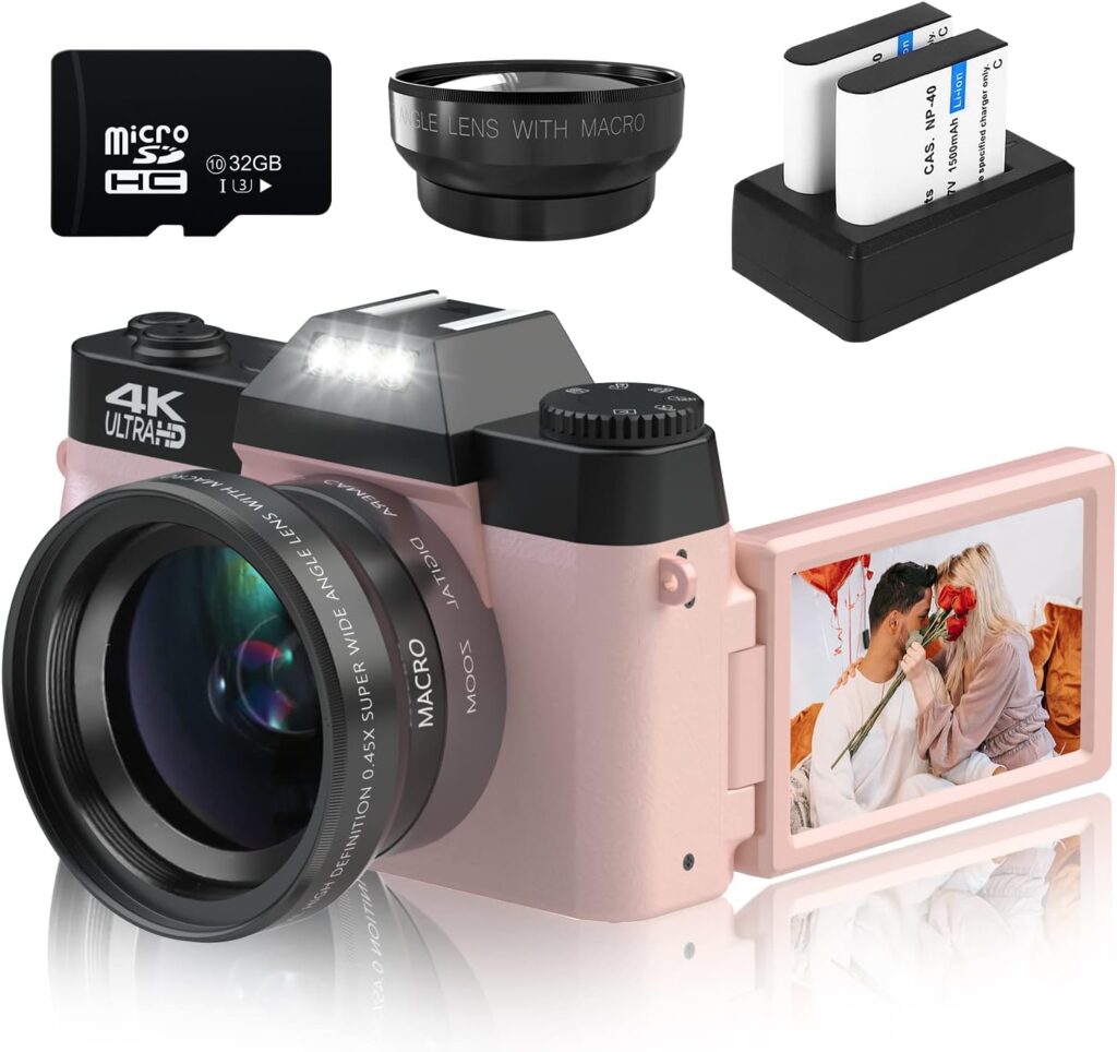 VETEK Digital Cameras for Photography, 4K 48MP Vlogging Camera 16X Digital Zoom Manual Focus Students Compact Camera with 52mm Wide-Angle Lens  Macro Lens, 32G Micro Card and 2 Batteries (Pink)