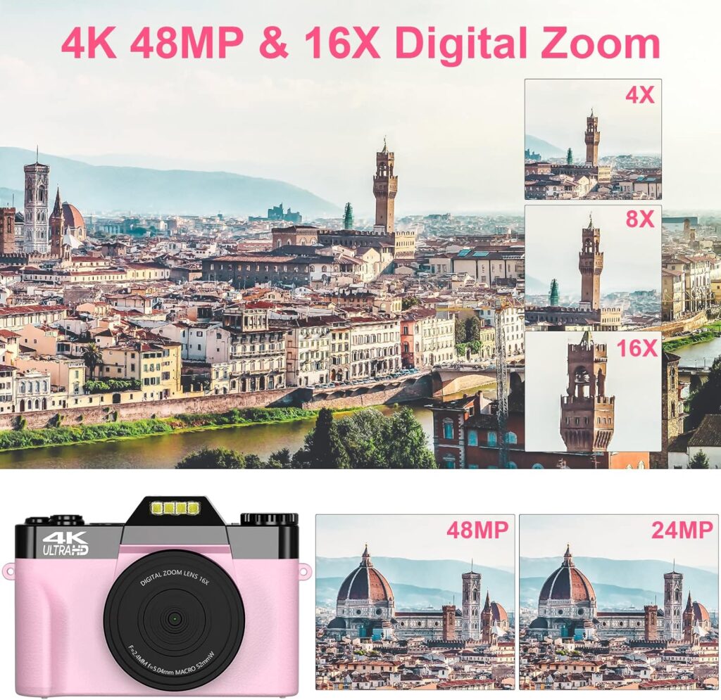 VETEK Digital Cameras for Photography, 4K 48MP Vlogging Camera 16X Digital Zoom Manual Focus Students Compact Camera with 52mm Wide-Angle Lens  Macro Lens, 32G Micro Card and 2 Batteries (Pink)