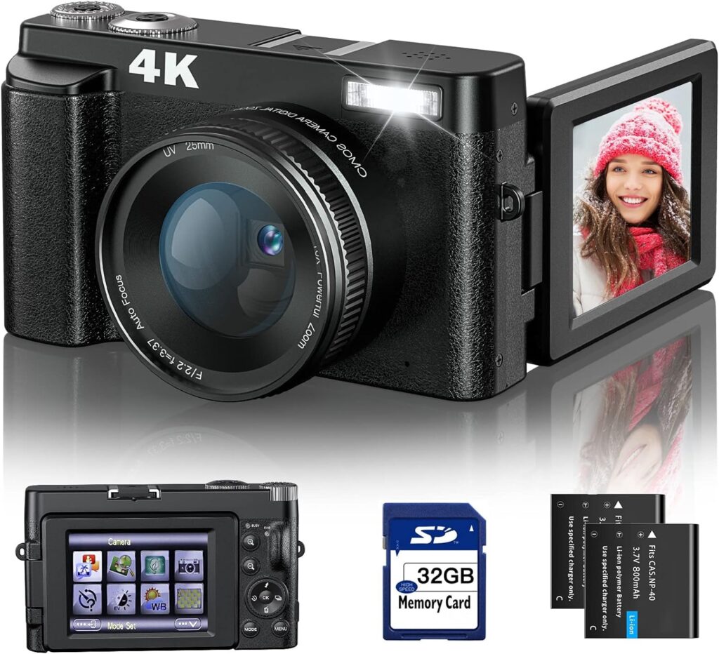 4K Digital Camera for Photography and Video Autofocus Anti-Shake, 48MP Vlogging Camera with SD Card, 3 180° Flip Screen Compact Camera with Flash, 16X Digital Zoom Travel Camera (2 Batteries)