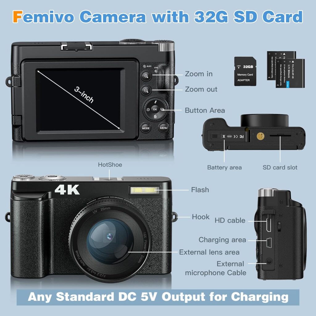 4K Digital Camera for Photography and Video Autofocus Anti-Shake, 48MP Vlogging Camera with SD Card, 3 180° Flip Screen Compact Camera with Flash, 16X Digital Zoom Travel Camera (2 Batteries)