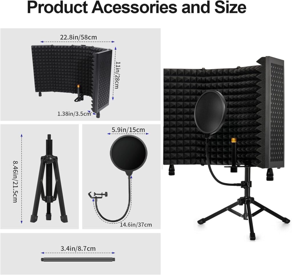 Dmsky Microphone Isolation Shield with Pop Filter  Tripod Stand, Foldable Mic Shield with Triple Sound Insulation, High Density Mic Sound Shield for Recording Studio, Podcasts, Singing, Broadcasting