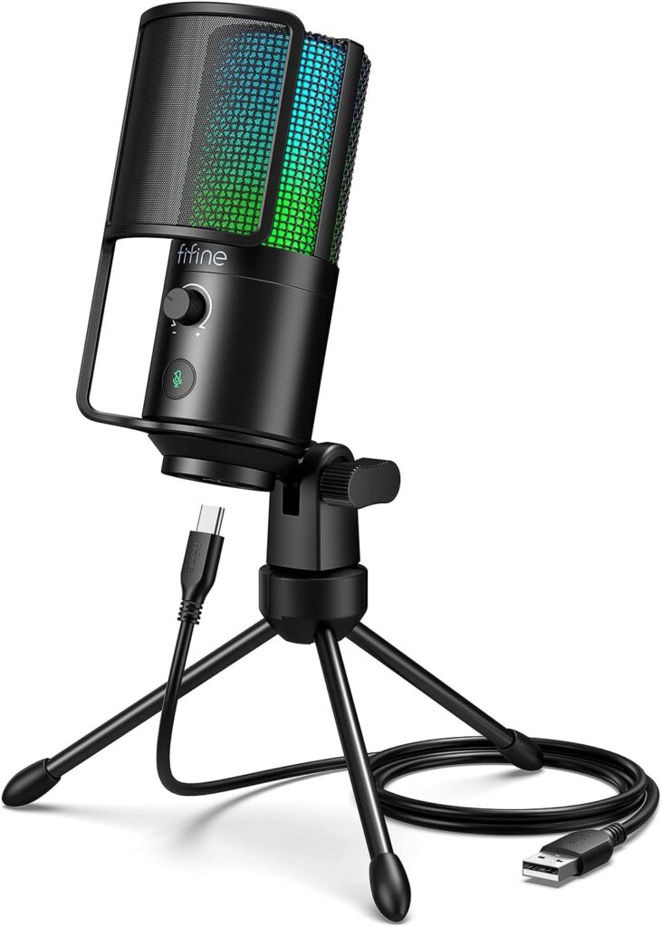 FIFINE USB PC Podcast Recording Microphone, Computer RGB Condenser Mic for Voice Over, Gaming, Streaming, Zoom Meeting, Metal Desktop Mic with Mute Tap, Pop Filter, on PS4/PS5, MAC/Window-K669PRO2