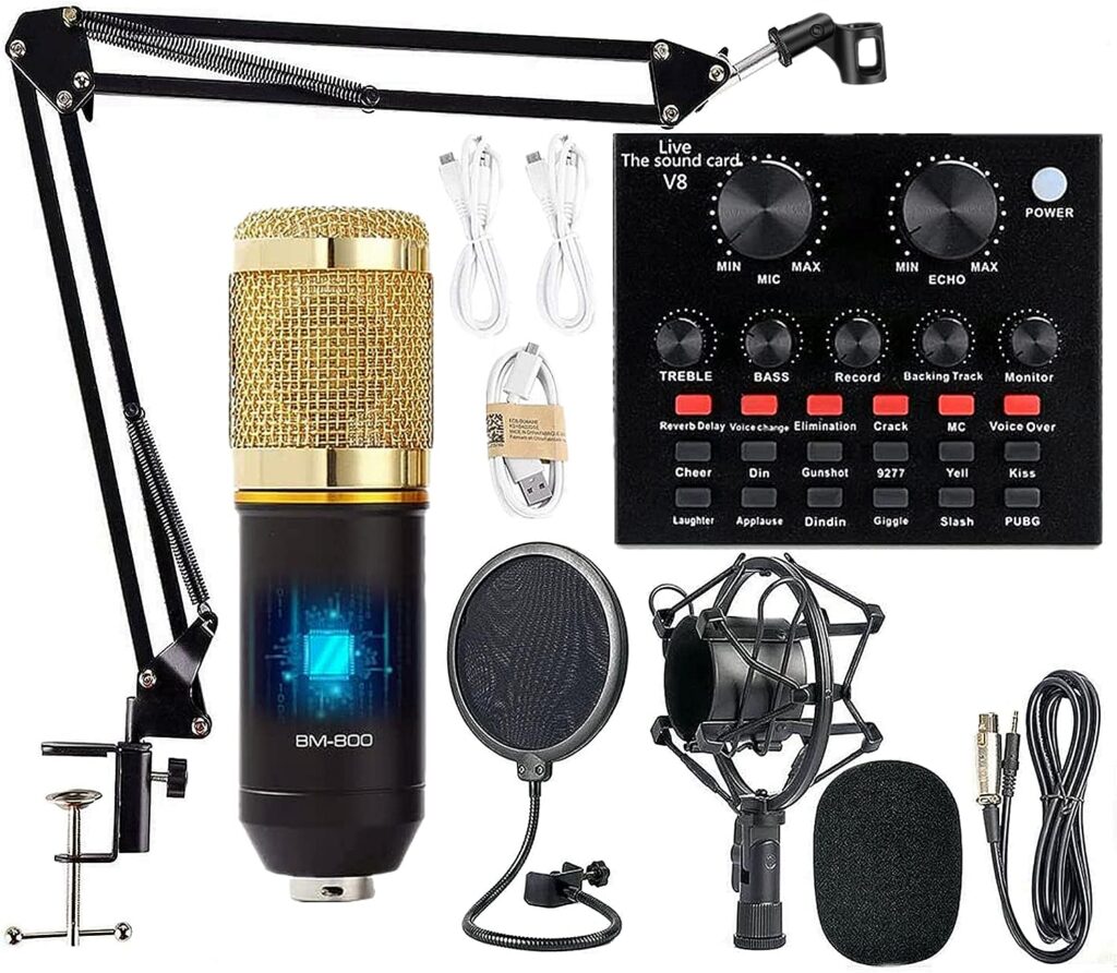 KOKITEA Podcast Equipment Bundle, BM-800 Mic Kit with Live Sound Card, Adjustable Mic Suspension Scissor Arm, Metal Shock Mount and Double-Layer Pop Filter for Studio Recording  Broadcasting