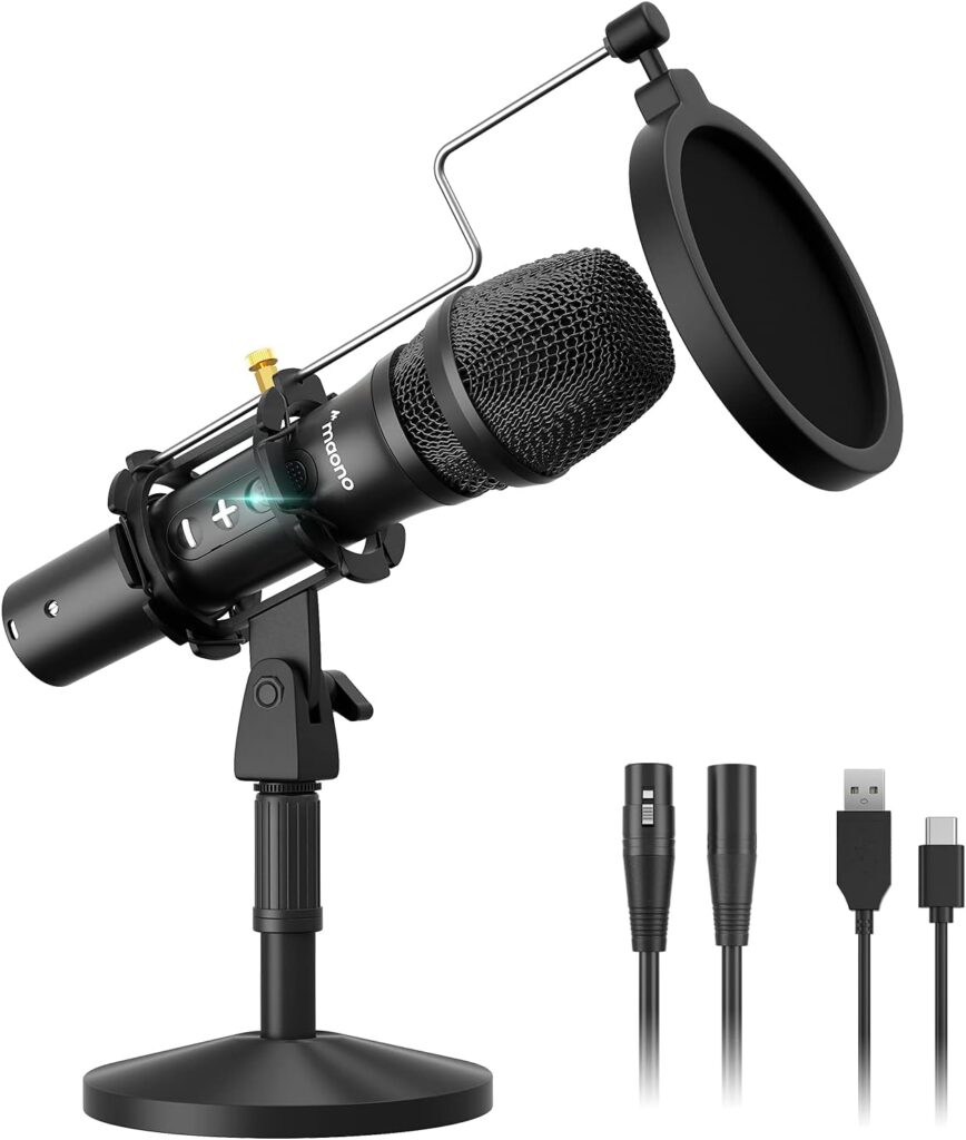 MAONO USB/XLR Podcast Dynamic Microphone, Studio Mic Kit with Volume Control, Shock Mount, Pop Filter, Ideal for Vocal, Instruments Recording, Voice Over, Live Streaming (HD300T)