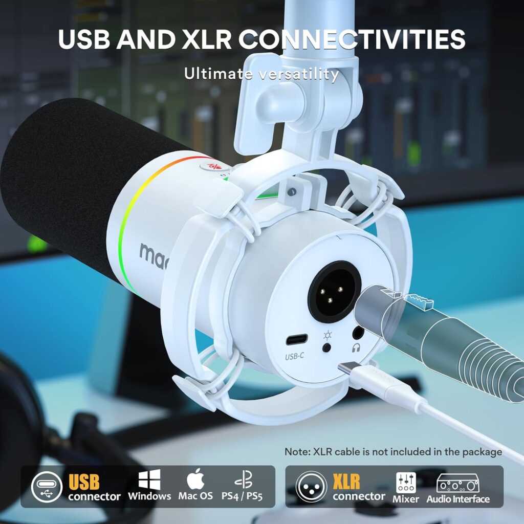 MAONO XLR/USB Podcast Microphone, PC Dynamic Microphone for Recording, Streaming, Gaming  Voice-Over, Metal Mic with Software, Tap-to-Mute, Headphone Jack, Gain Knob  Volume Control-PD200X (White)