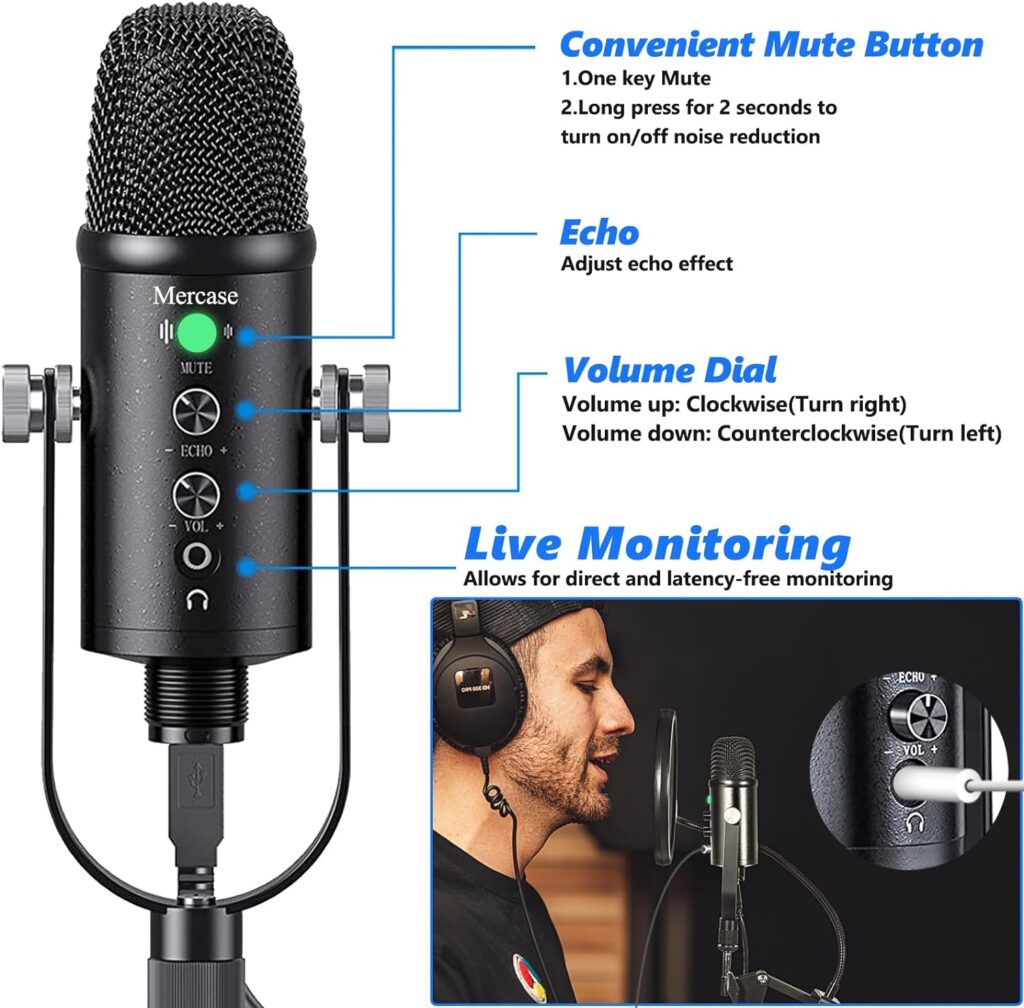 Mercase USB Microphone for Podcast, Recording, Sing, ASMR, with Mute Button,Plug  Play,Cardioid Pickup,Volume Control for Computer,Phone,MAC