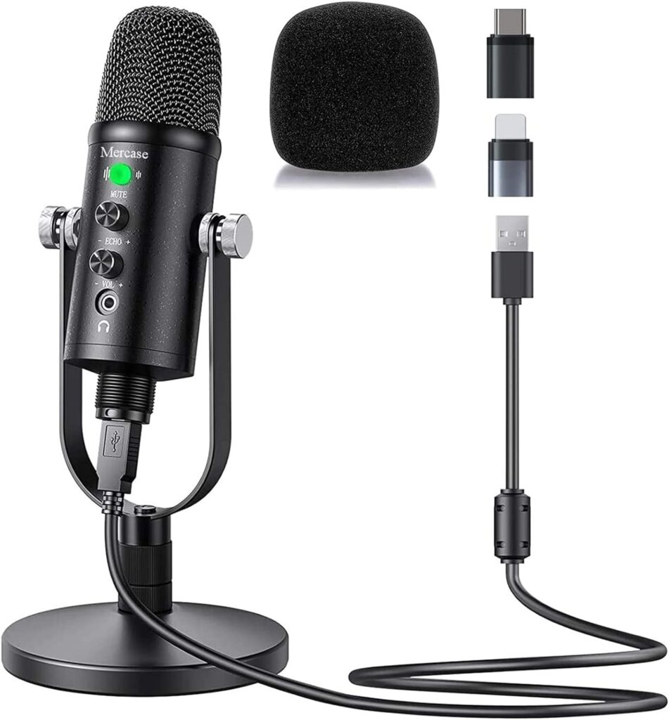 Mercase USB Microphone for Podcast, Recording, Sing, ASMR, with Mute Button,Plug  Play,Cardioid Pickup,Volume Control for Computer,Phone,MAC