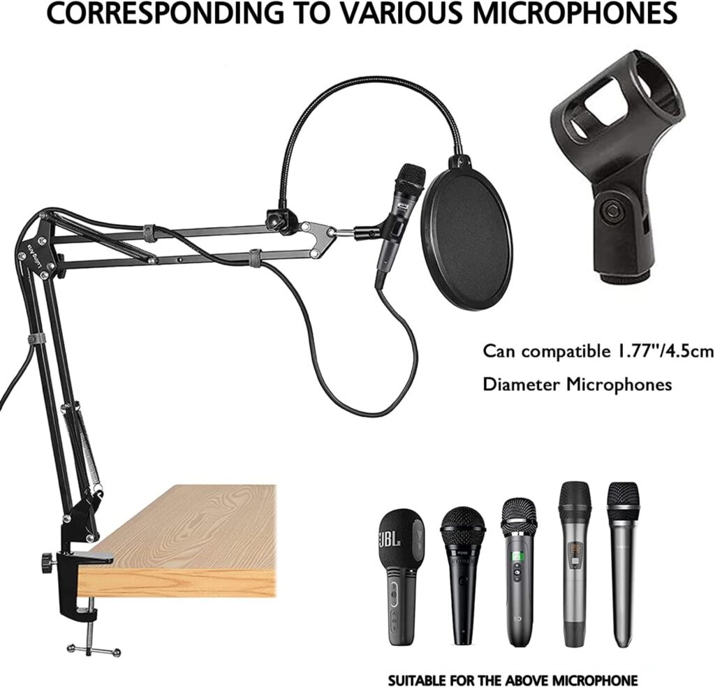 Microphone Stand for Blue Yeti, Boom Arm Scissor Mic Stand with Windscreen and Double layered screen Pop Filter Heavy Duty Mic Boom Scissor Arm Stands, Broadcasting and Recording.Game