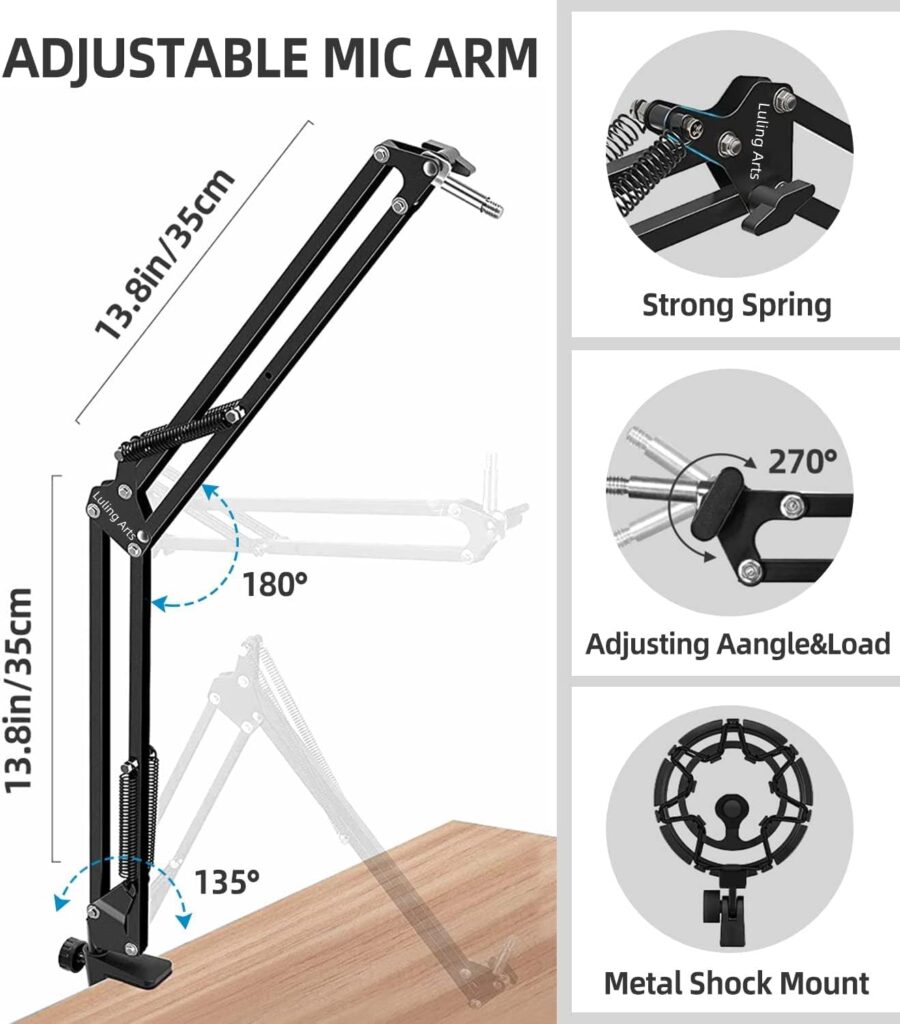 Microphone Stand for Blue Yeti Snowball Quadcast Adjustable Boom Arm Scissor Mic Stand Desk Mount with Shock Mount, Windscreen and Double layered Pop Filter Mic Holder Cable for Broadcasting Game