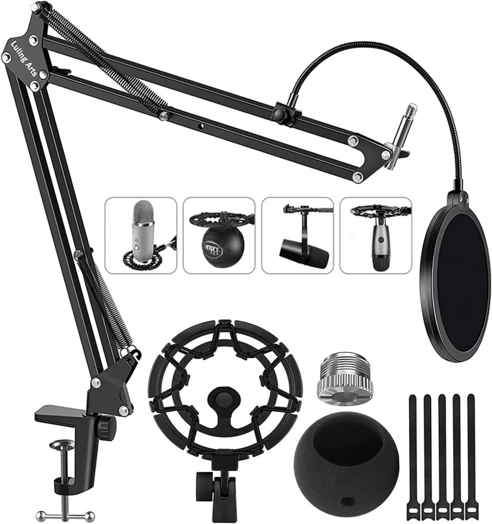 Microphone Stand for Blue Yeti Snowball Quadcast Adjustable Boom Arm Scissor Mic Stand Desk Mount with Shock Mount, Windscreen and Double layered Pop Filter Mic Holder Cable for Broadcasting Game