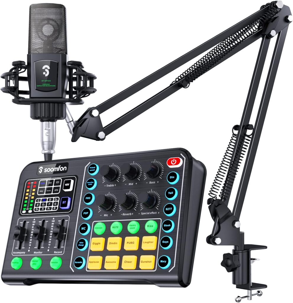 SOOMFON Podcast Equipment Bundle Condenser Microphone with Live Sound Card Mixer, Recording Studio Package Equipment for Podcasting, Live Streaming, Broadcasting and Recording