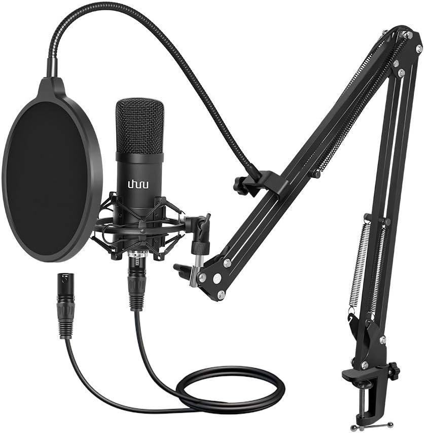 UHURU XLR Condenser Microphone, Professional Studio Cardioid Microphone Kit with Boom Arm, Shock Mount, Pop Filter, Windscreen and XLR Cable, for Broadcasting,Recording,Chatting and YouTube(XM-900)