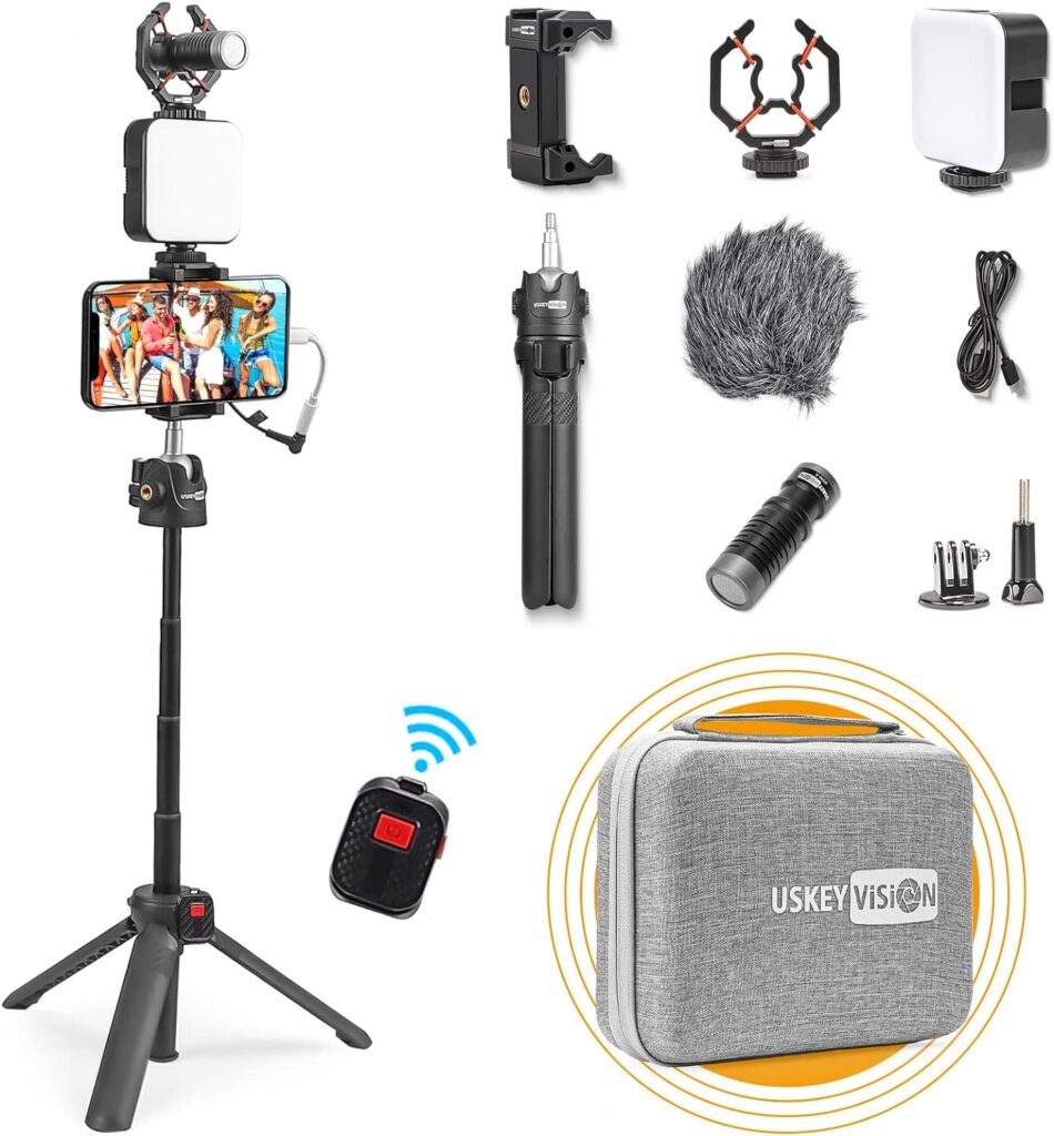 USKEYVISION Extendable Phone Vlogger Kit YouTube Vlogging Kit Video Microphone Creator Combo for iPhone 13/Pro/Max/Mini,Android Smartphones and Camera(E-K2 Remo)